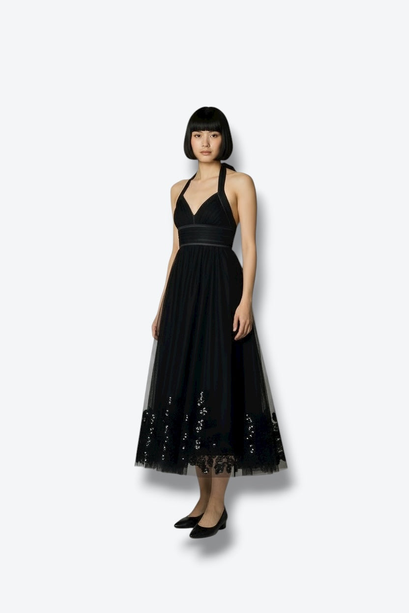 Y2K BCBG Sequin and Tulle Halter Dress