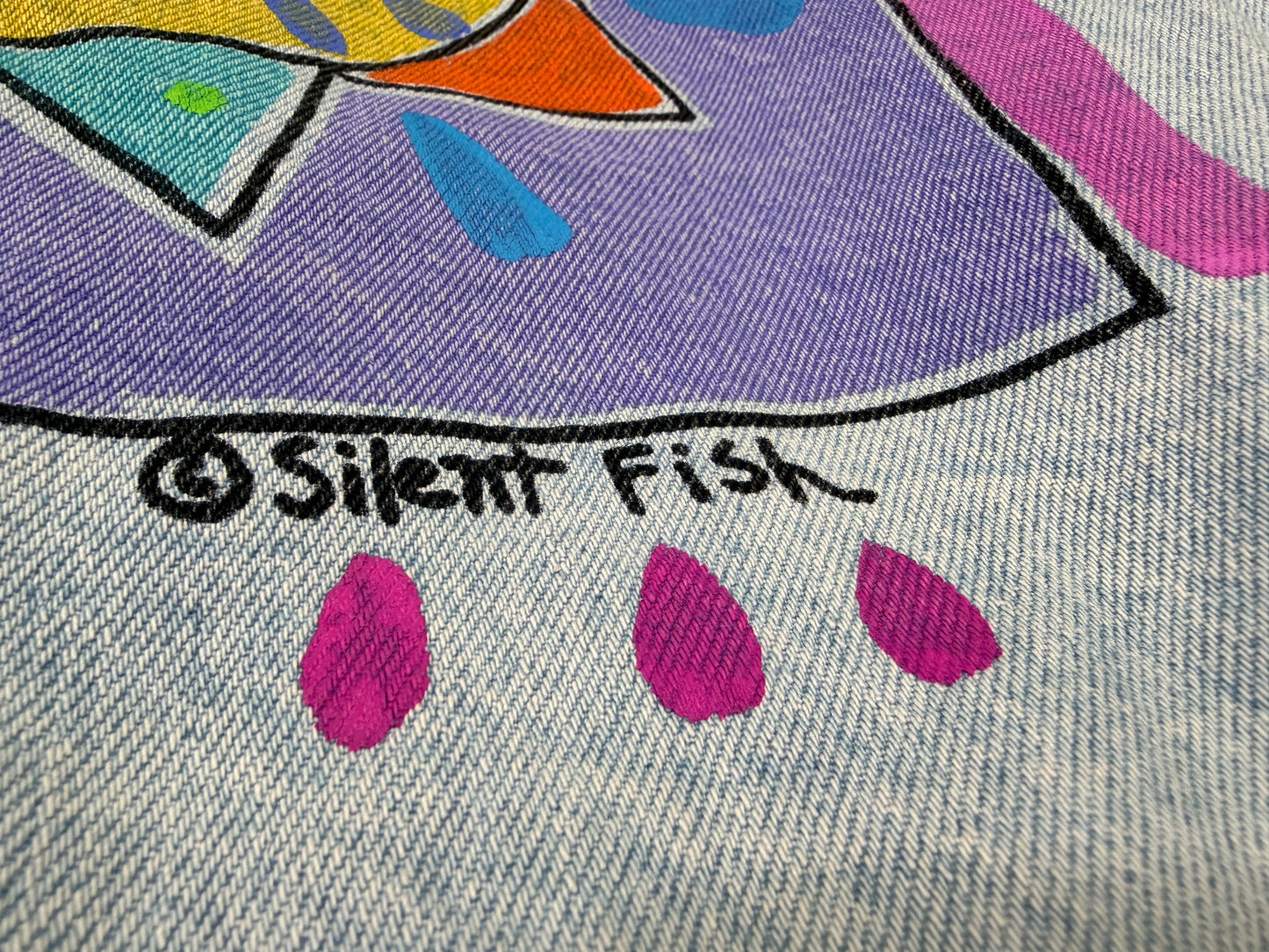 1980/90s Upcycled Hand-Painted Denim Jacket – “Sun Face” Statement Piece