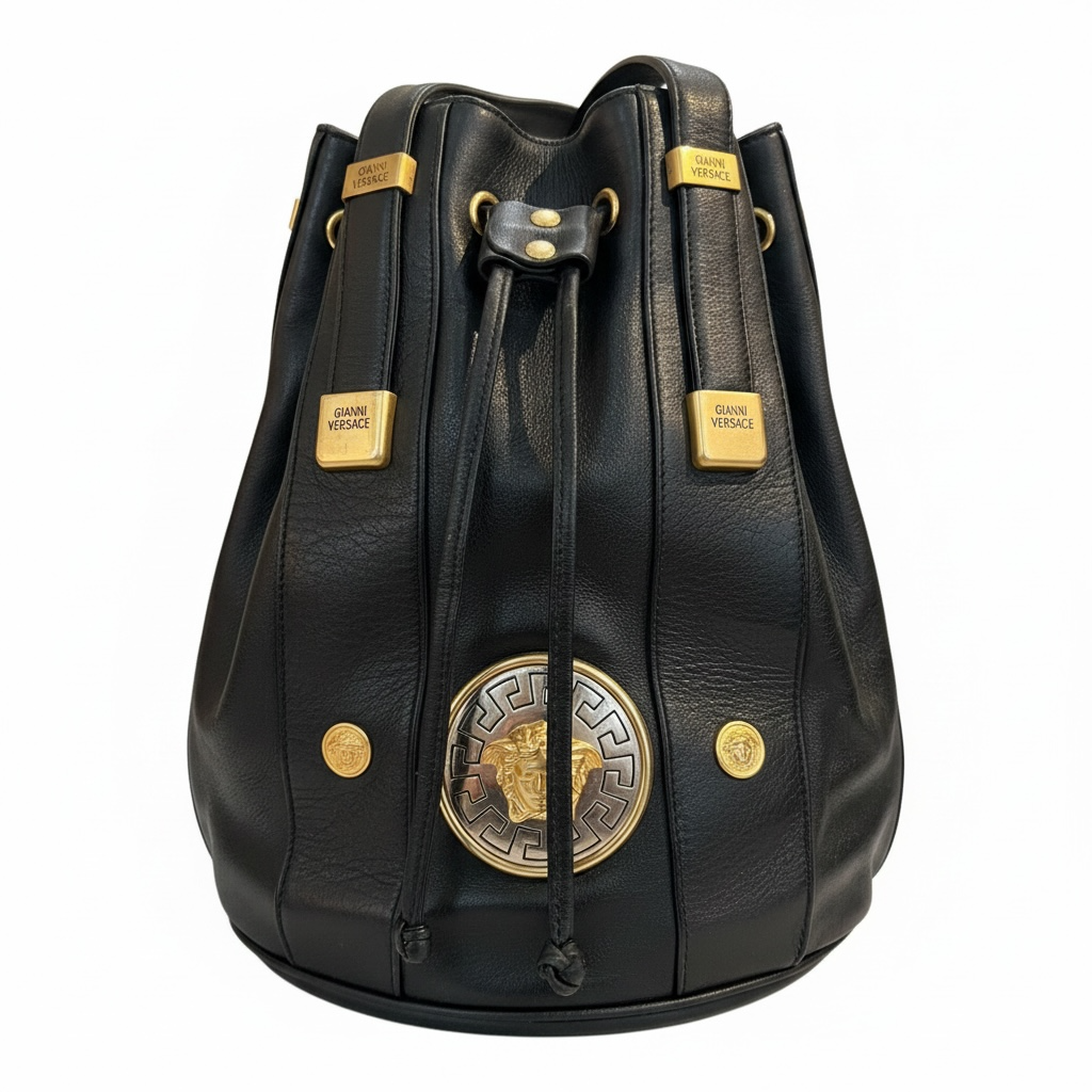 1990s Gianni Versace Medusa Leather Bucket Bag