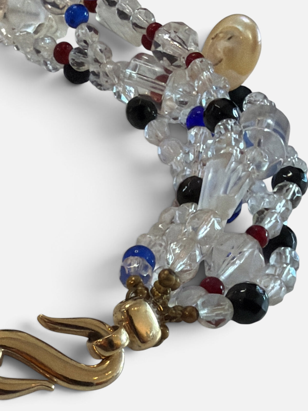 Vintage Multistrand Beaded Statement Necklace with Clear Ring Pendant