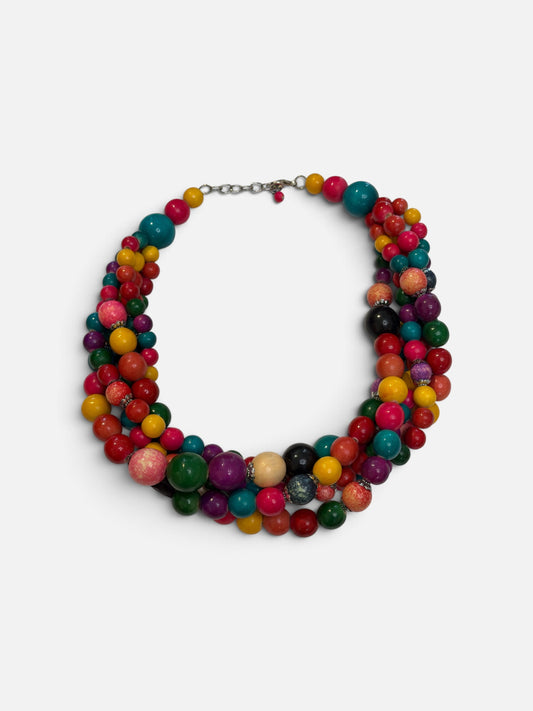 1970s Rainbow Wood Bead Cluster Necklace