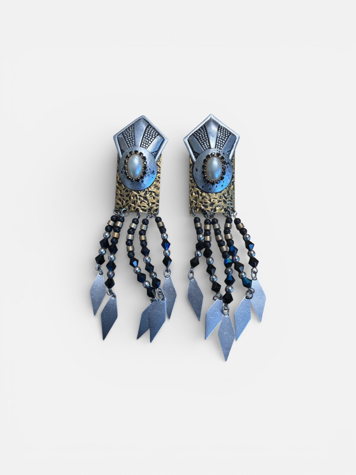 1990s Art Deco Fringe Earrings with Black Beads & Metal Drops