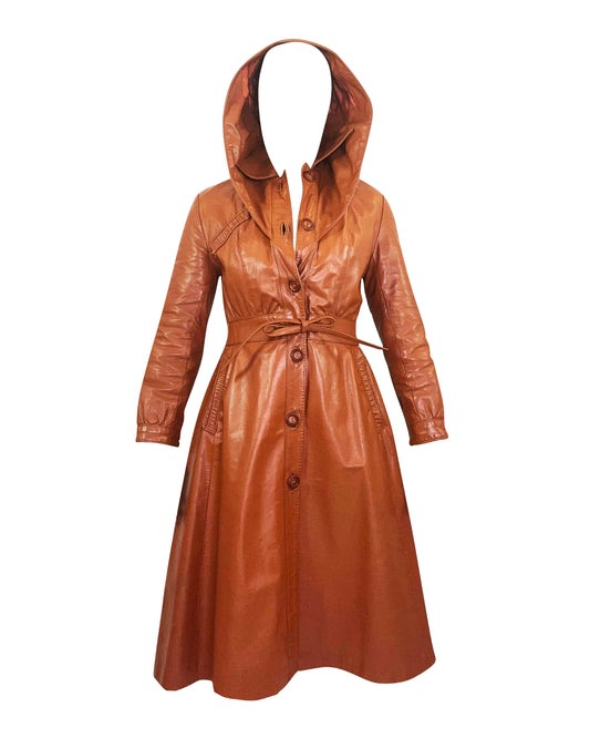1970's Brown Leather Hooded Trench