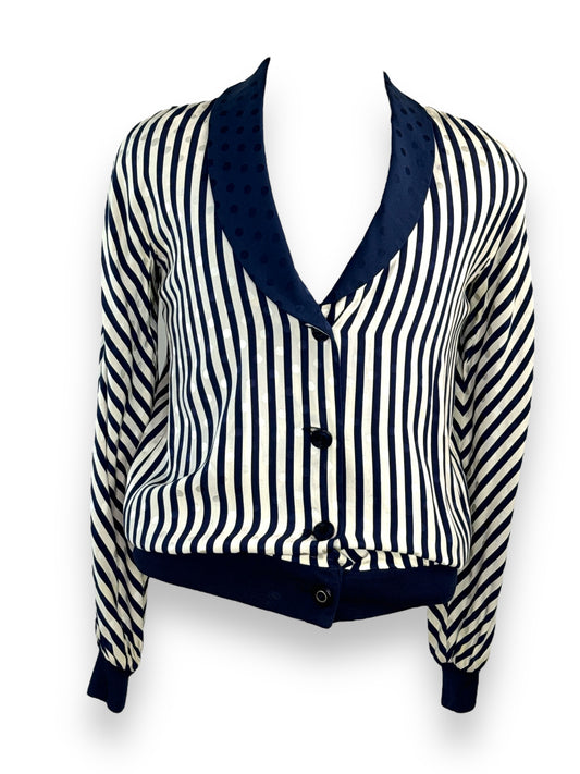 1970s Valentino Blue and White Striped and Polka Dot Silk Top