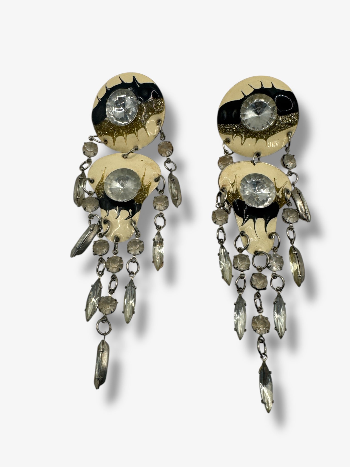 1980s Painted Metal Earrings with Rhinestone Detail