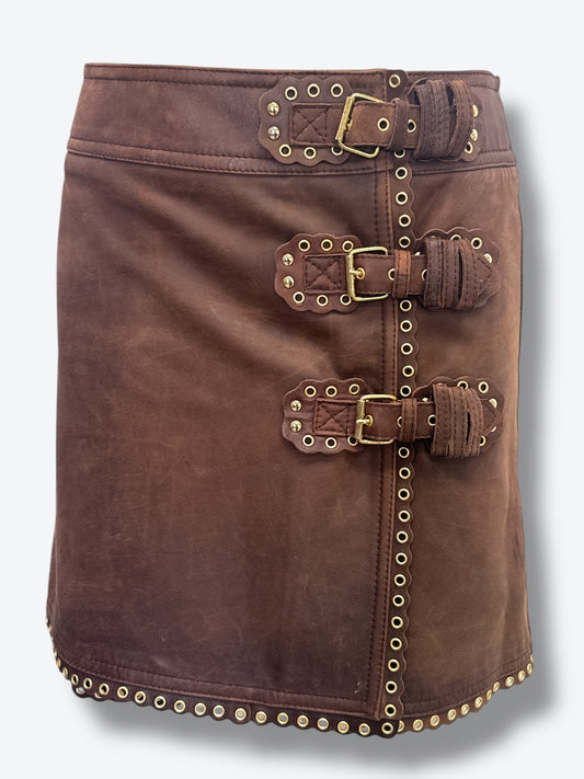 #19. Y2K Moschino Brown Leather Grommet Buckle Mini Skirt