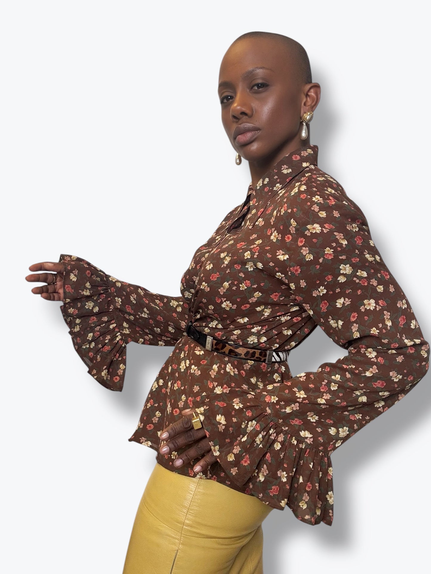 Y2K “Guess” Brown Floral Bell Sleeve Blouse