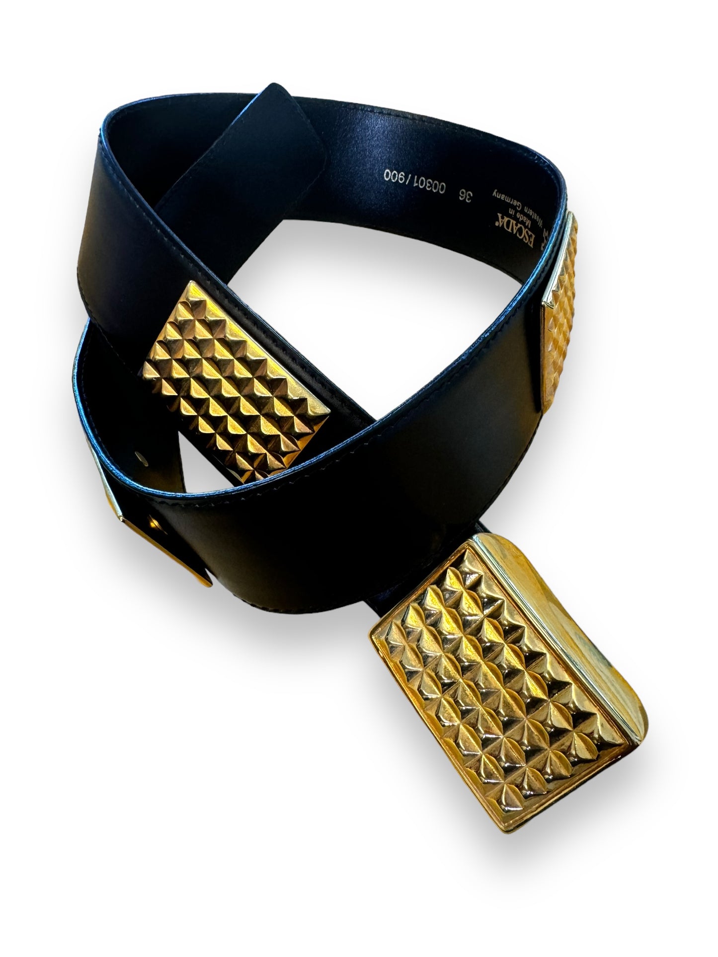 1980s Escada Black Leather + Gold Studded Belt