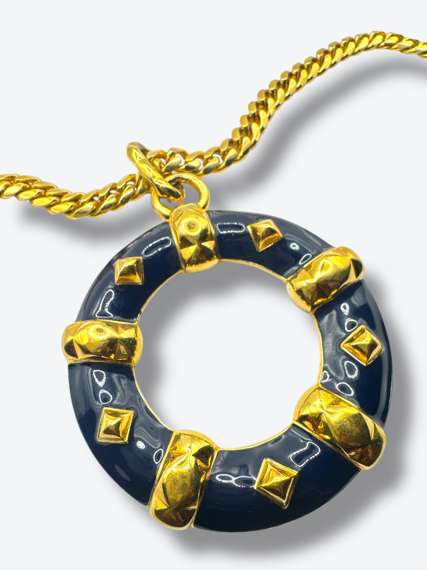 1970s Monet Navy Blue & Gold-Tone Pendant Necklace – Geometric Circle Statement Design