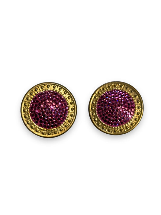 1980s Richard Kerr Pink Rhinestone Round Earrings (Signed • Clip)