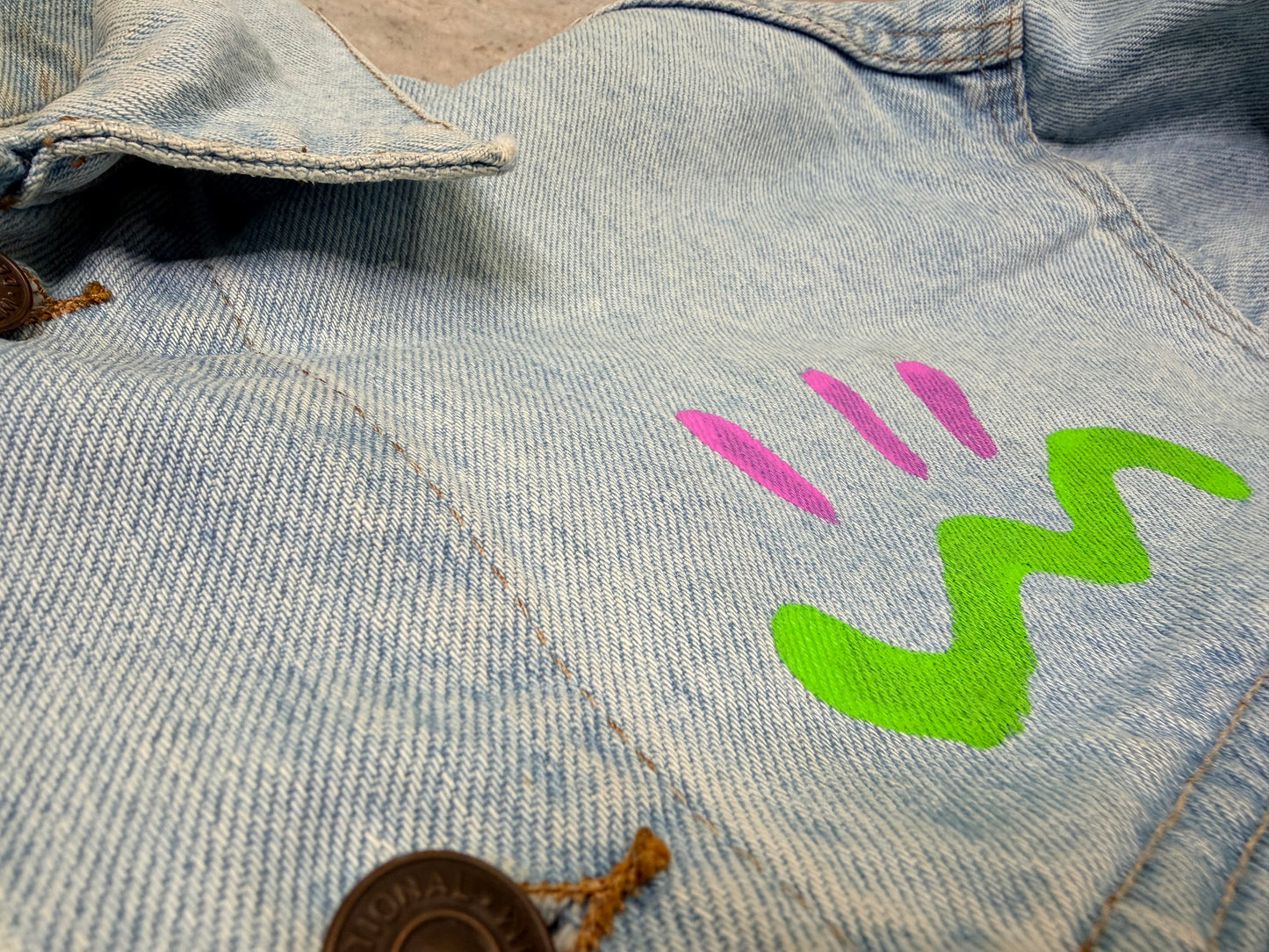 1980/90s Upcycled Hand-Painted Denim Jacket – “Sun Face” Statement Piece