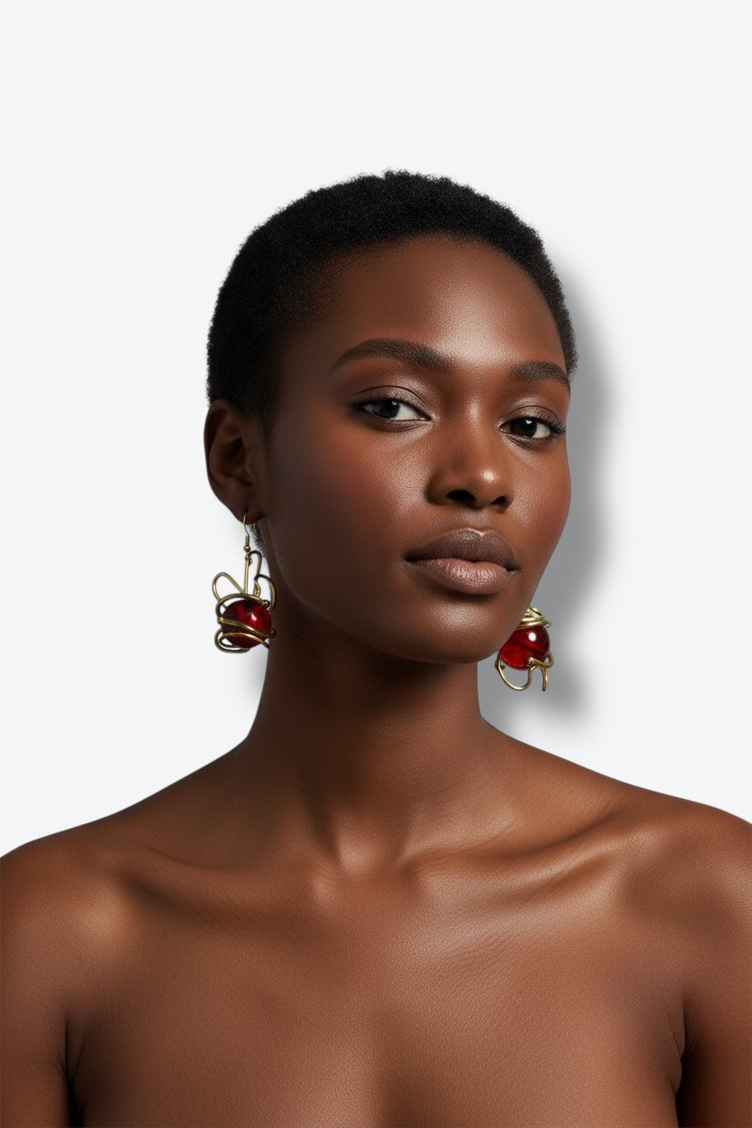 1980s Artisan Red Orb Wire Sculpted Earrings