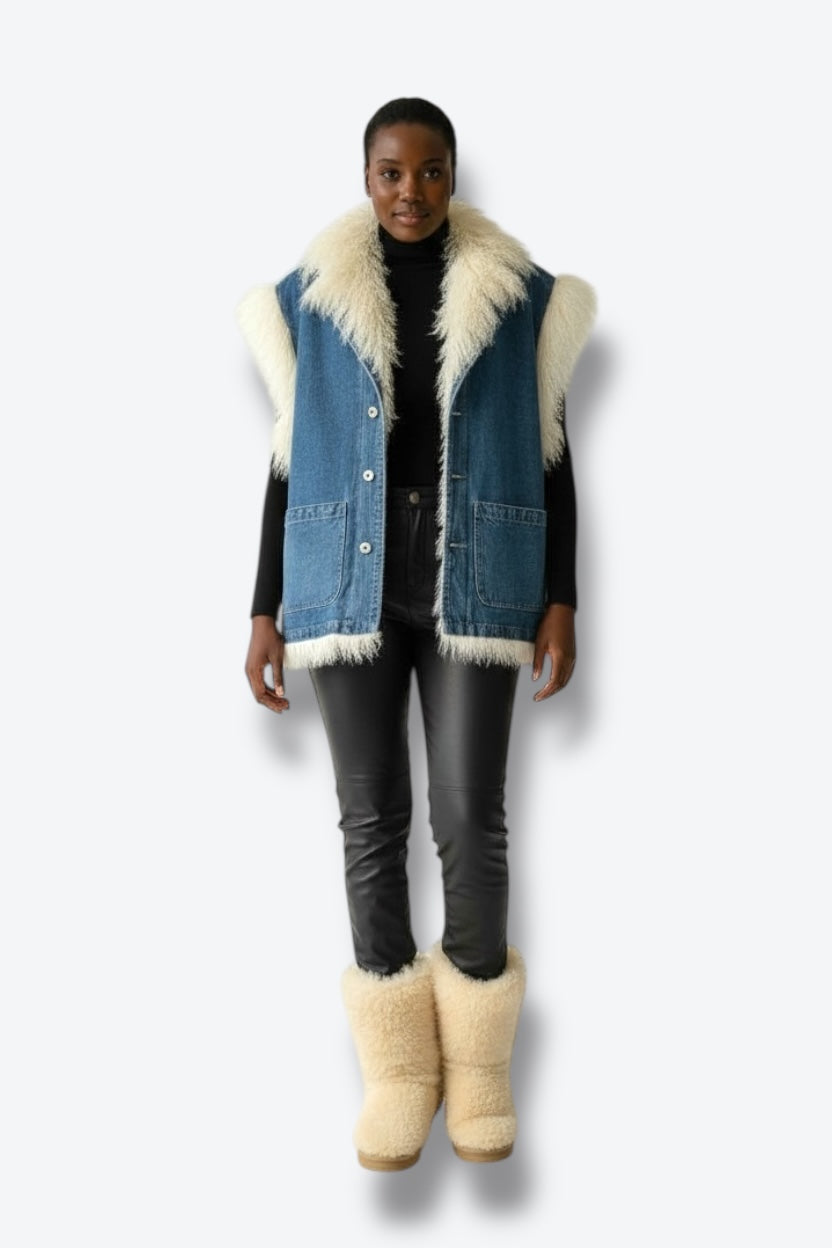 1990s Denim and Mongolian Lamb Vest