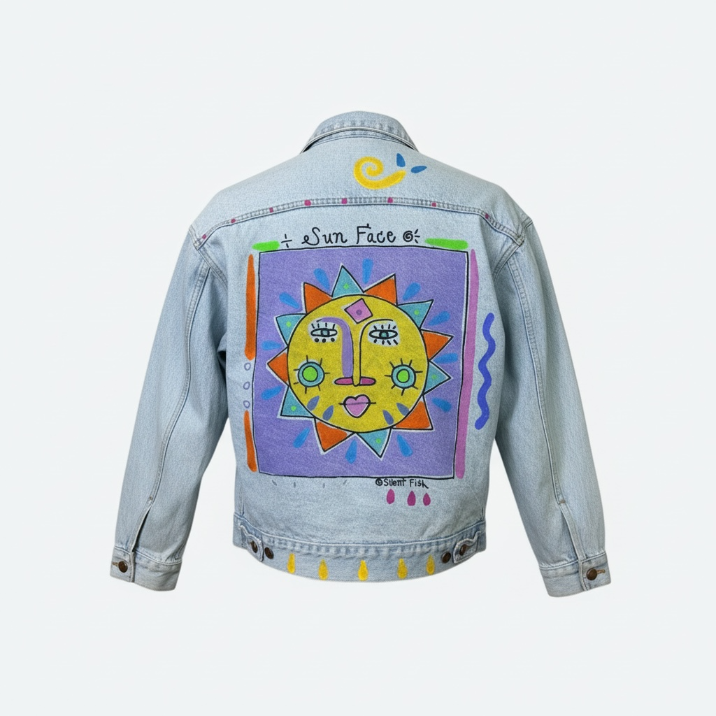 1980/90s Upcycled Hand-Painted Denim Jacket – “Sun Face” Statement Piece