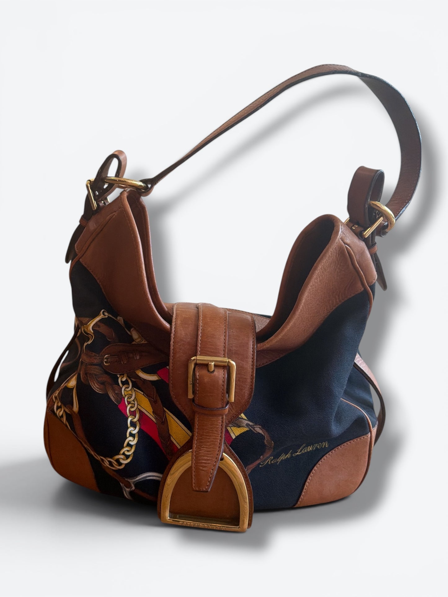 Y2K Ralph Lauren Stirrup Collection Equestrian Canvas & Leather Hobo Shoulder Bag