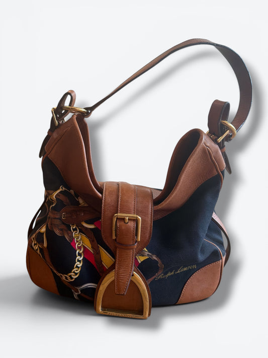 Y2K Ralph Lauren Stirrup Collection Equestrian Canvas & Leather Hobo Shoulder Bag