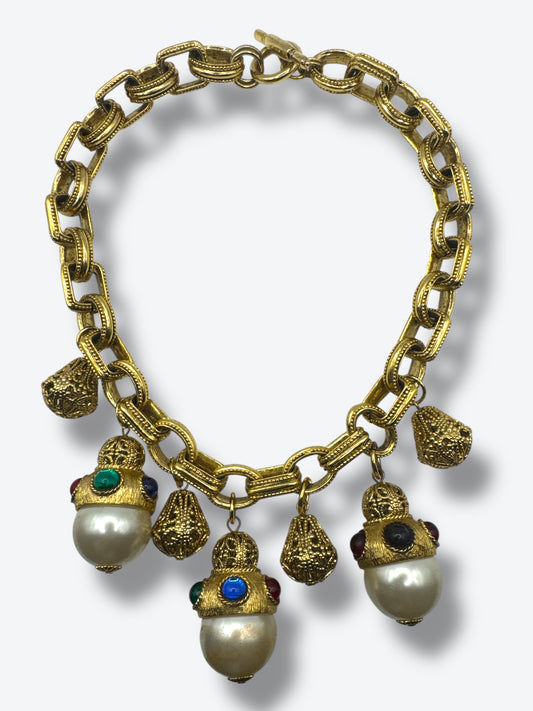Vintage Statement Necklace with Oversized Faux Pearls & Jewel-Tone Cabochons – 1980s Couture Style