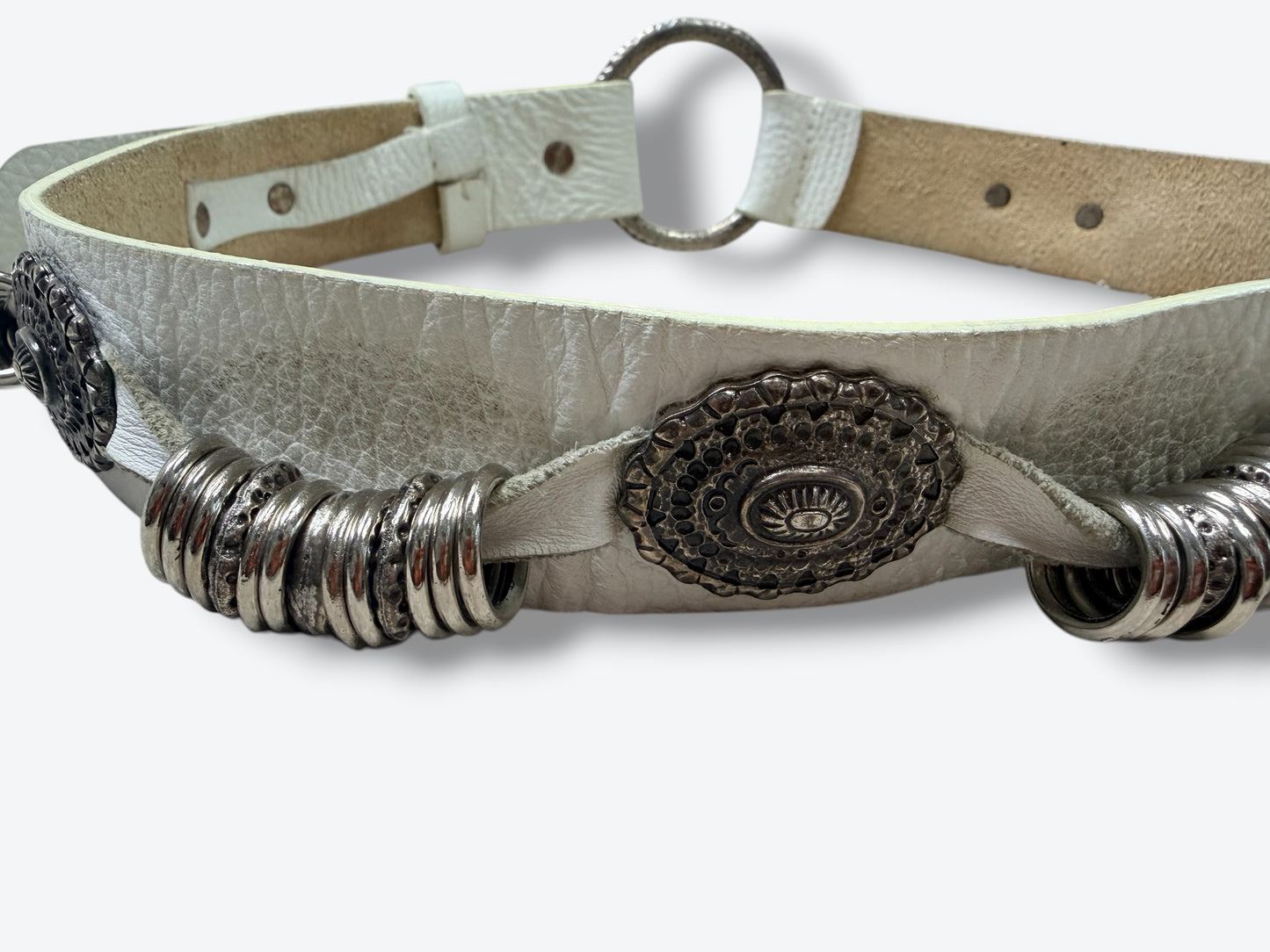Vintage White Leather Belt with Silver Concho & Ring Hardware