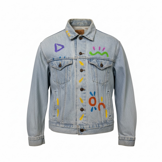1980/90s Upcycled Hand-Painted Denim Jacket – “Sun Face” Statement Piece