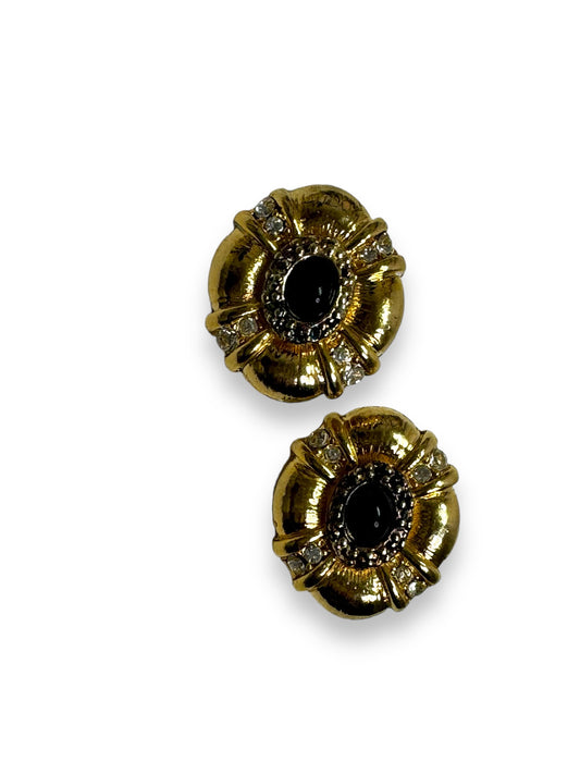 1980s Gold and Black Enamel Clip On Earrings