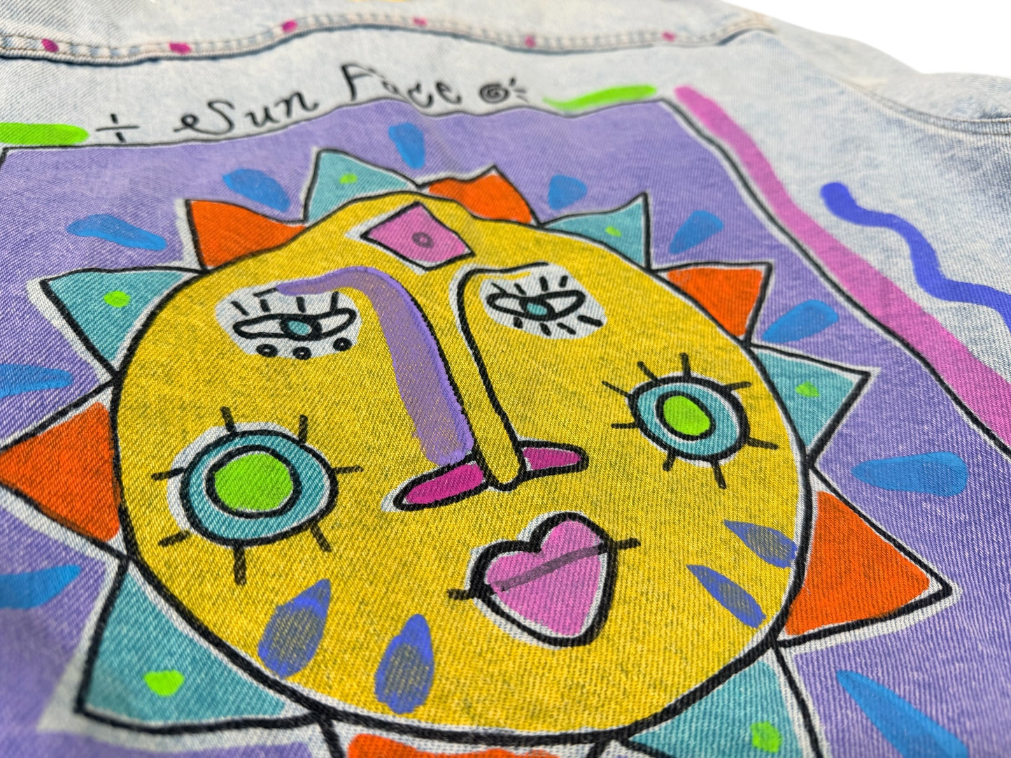 1980/90s Upcycled Hand-Painted Denim Jacket – “Sun Face” Statement Piece