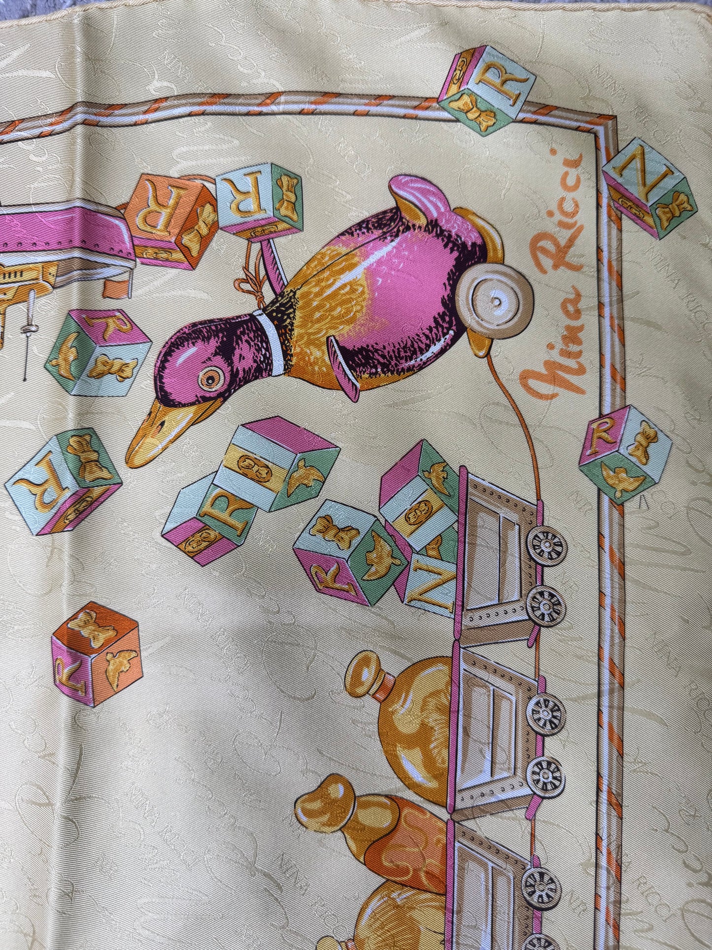 1980s 34” Nina Ricci Paris “Jouets” Toys & Trains Aviation Print Scarf