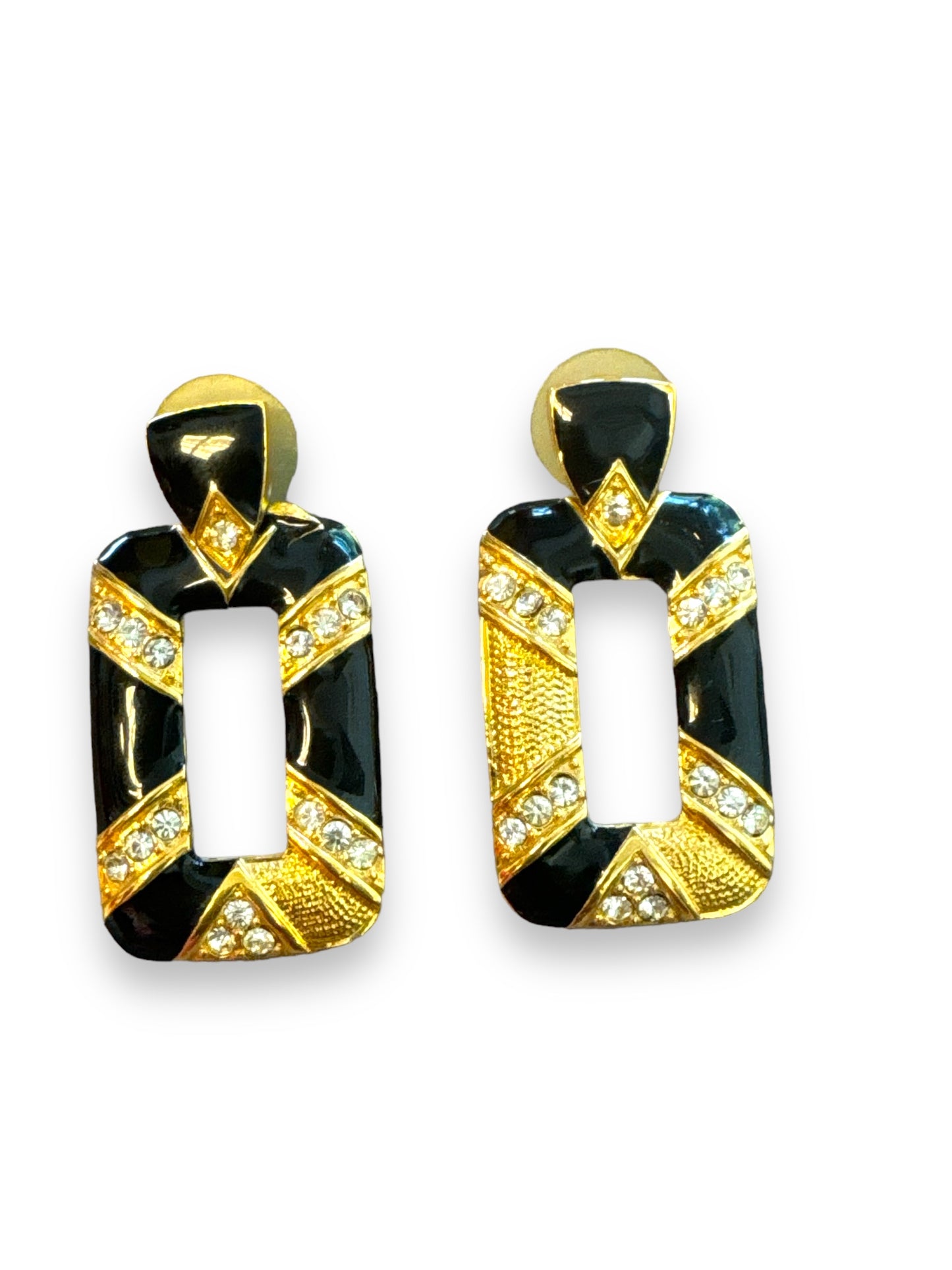 1980s Rhinestone Black + Gold Rectangular Dangle Earrings