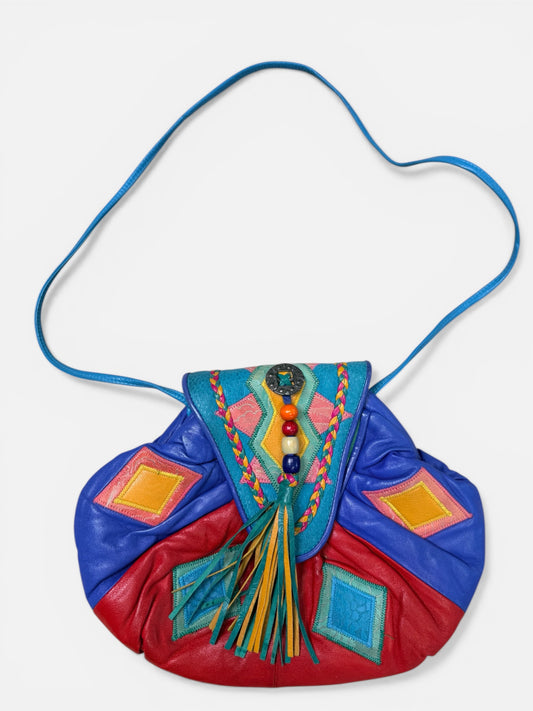 Vintage Viva USA Colorblock Leather Boho Crossbody Bag with Tassel Detail