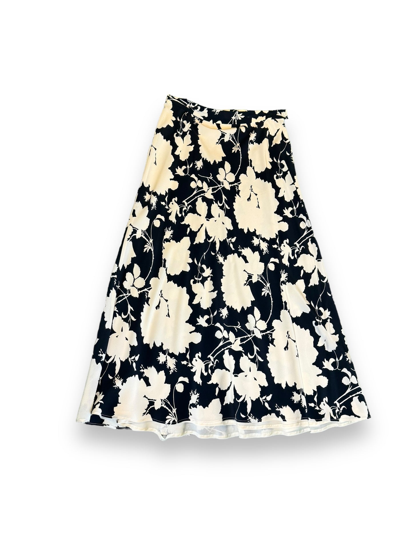 1990s Escada Navy and Black Floral Silk Skirt