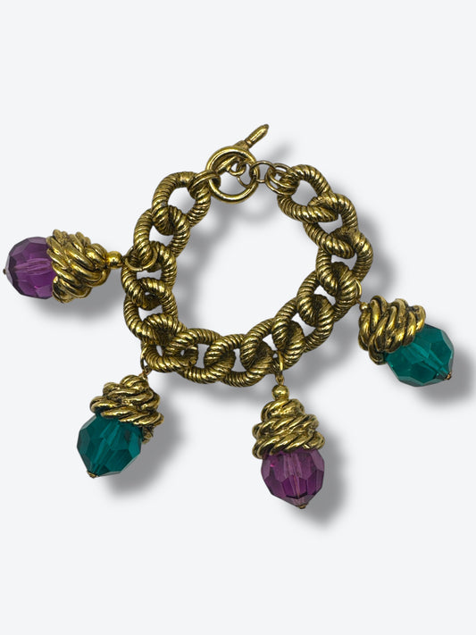 Vintage Chunky Chain Bracelet with Jewel-Tone Glass Charms