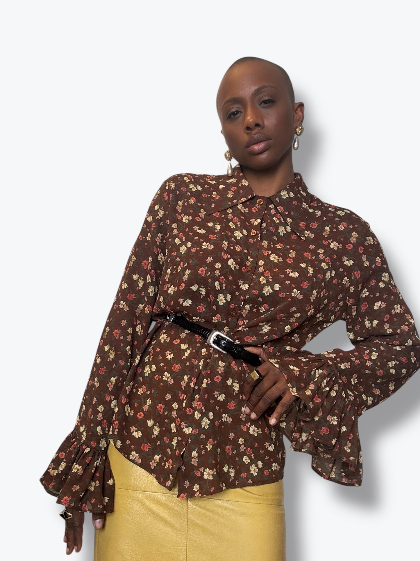 Y2K “Guess” Brown Floral Bell Sleeve Blouse