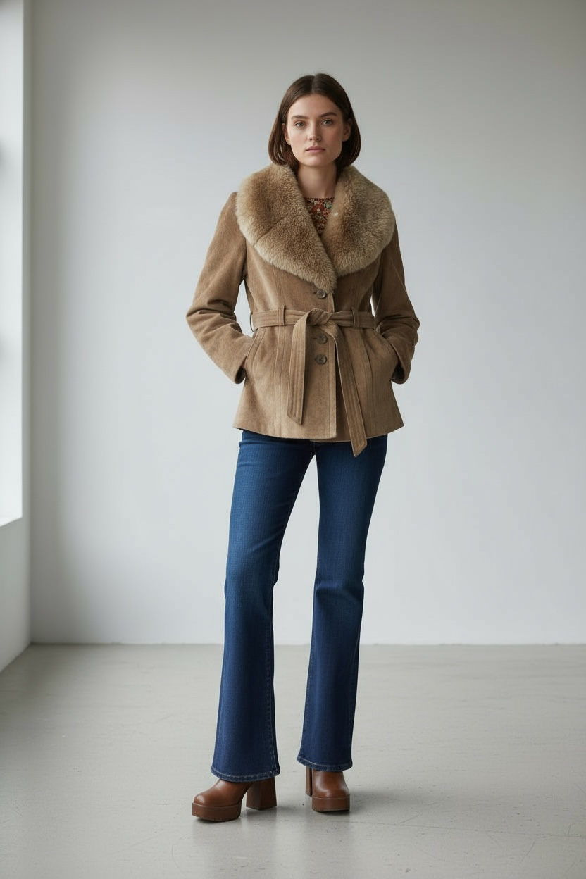 1970s Tan Suede Belted Coat with Oversized Fur Collar