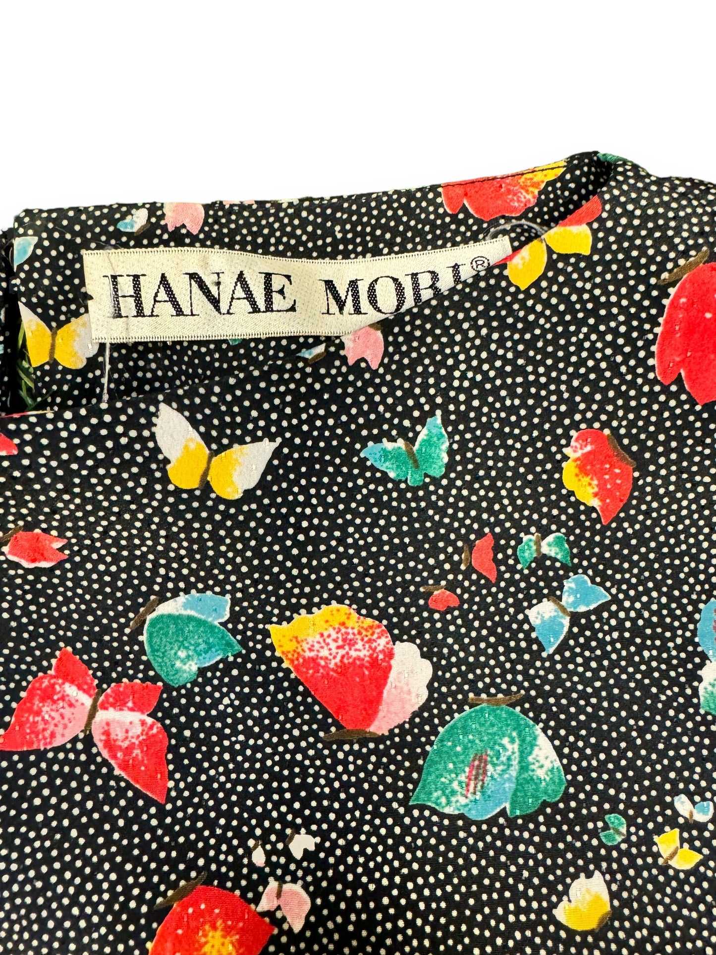 1970s Hana’s Mori Butterfly and Floral Polka Dot Silk Top