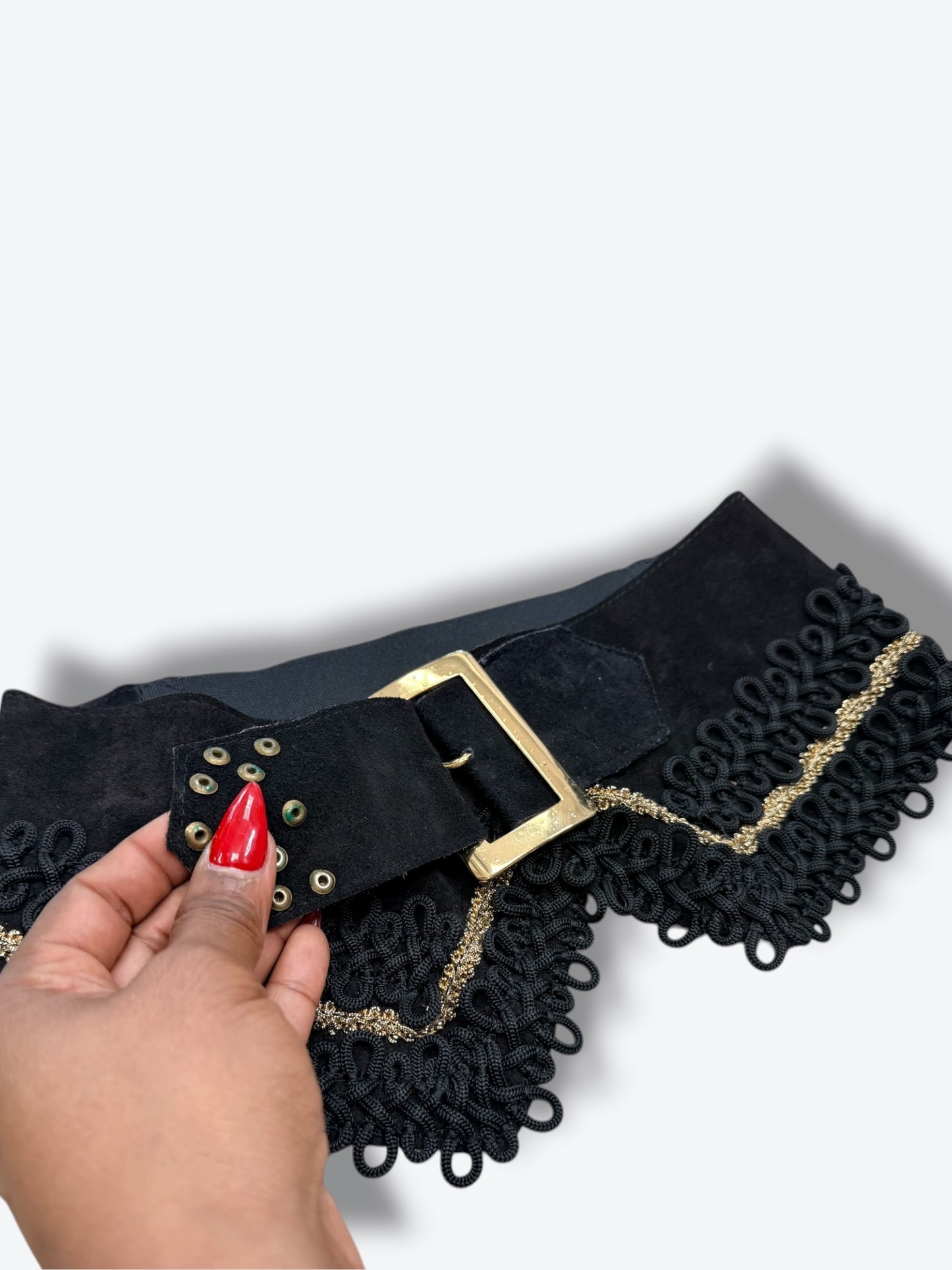 Vintage Embellished Statement Belt with Gold Buckle & Trim Detail