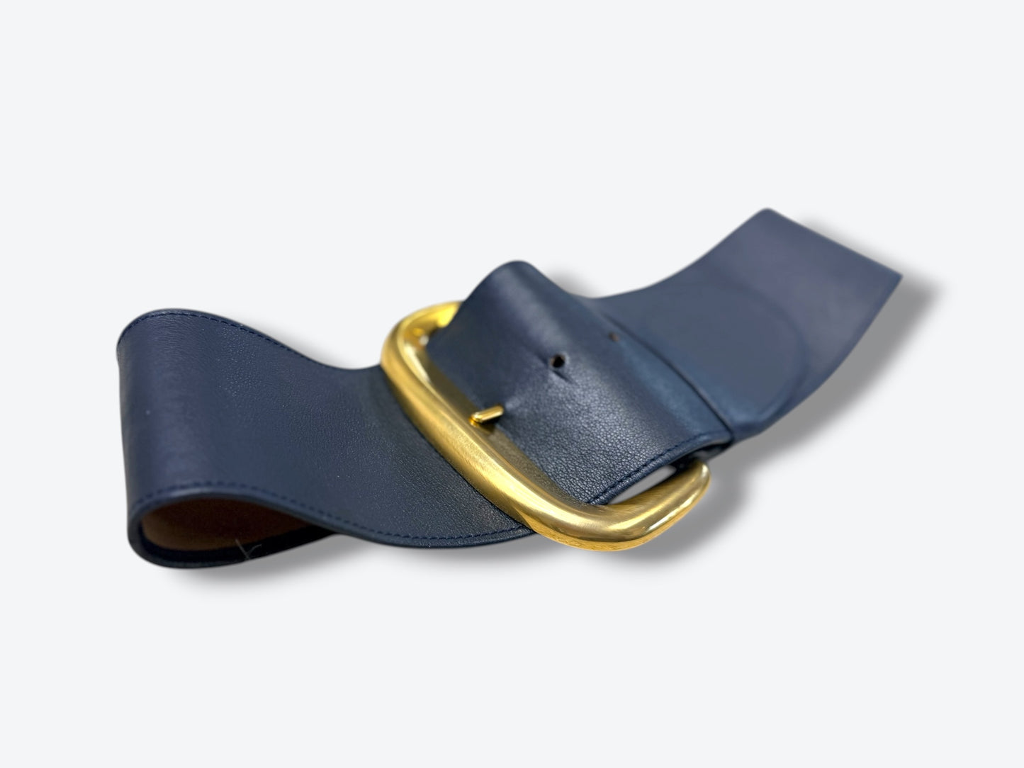 Vintage Donna Karan Navy Obi Leather Wide Waist Belt with Gold Buckle