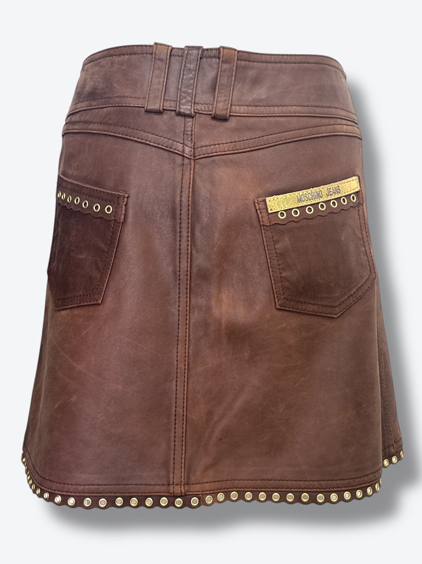 #19. Y2K Moschino Brown Leather Grommet Buckle Mini Skirt