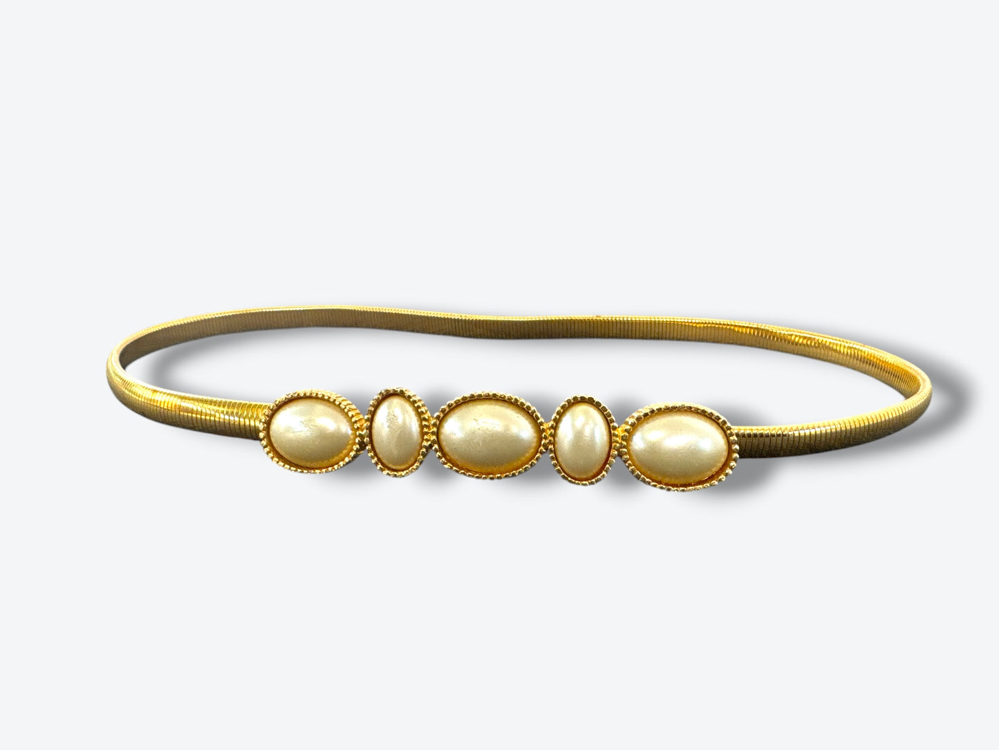 1980s Accessocraft NYC Gold-Tone Snake Chain Belt with Faux Pearl Cabochons