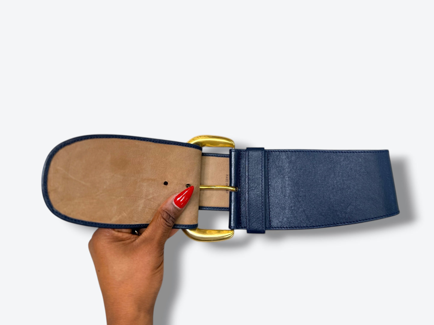 Vintage Donna Karan Navy Obi Leather Wide Waist Belt with Gold Buckle