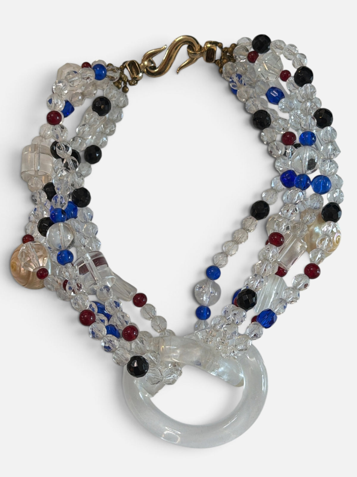 Vintage Multistrand Beaded Statement Necklace with Clear Ring Pendant