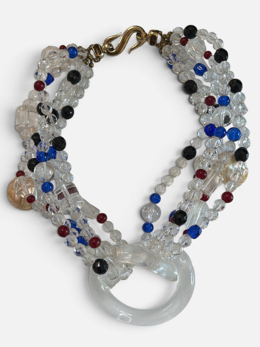 Vintage Multistrand Beaded Statement Necklace with Clear Ring Pendant