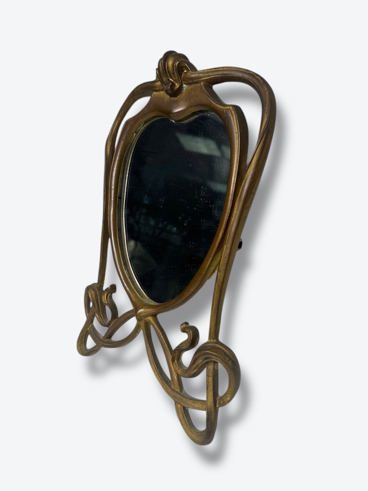 Antique Art Nouveau Brass Vanity Mirror – Shield Shaped with Sculptural Base