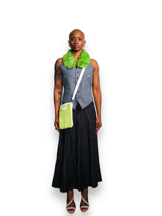 Y2K Fur Collar Pinstripe Vest