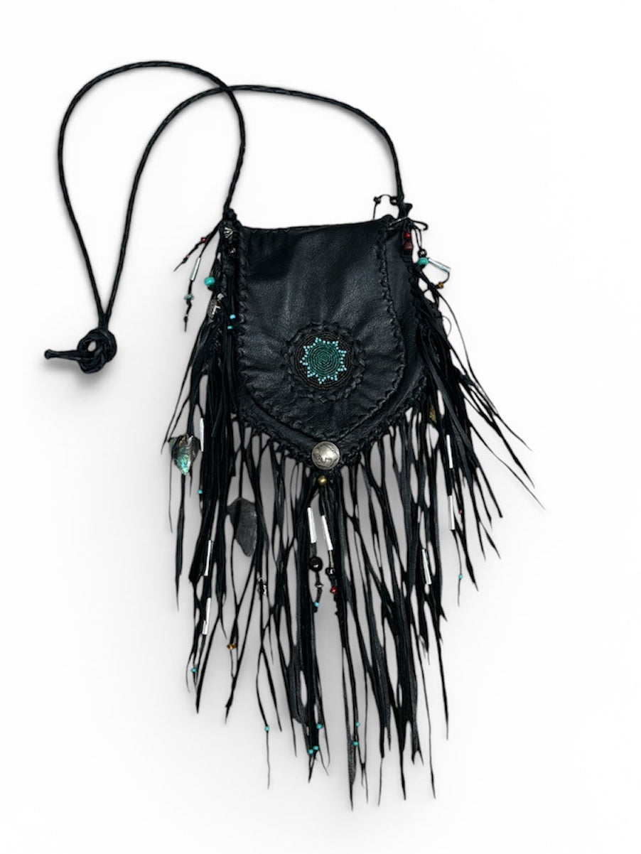 1970s black bone charm fringe crossbody