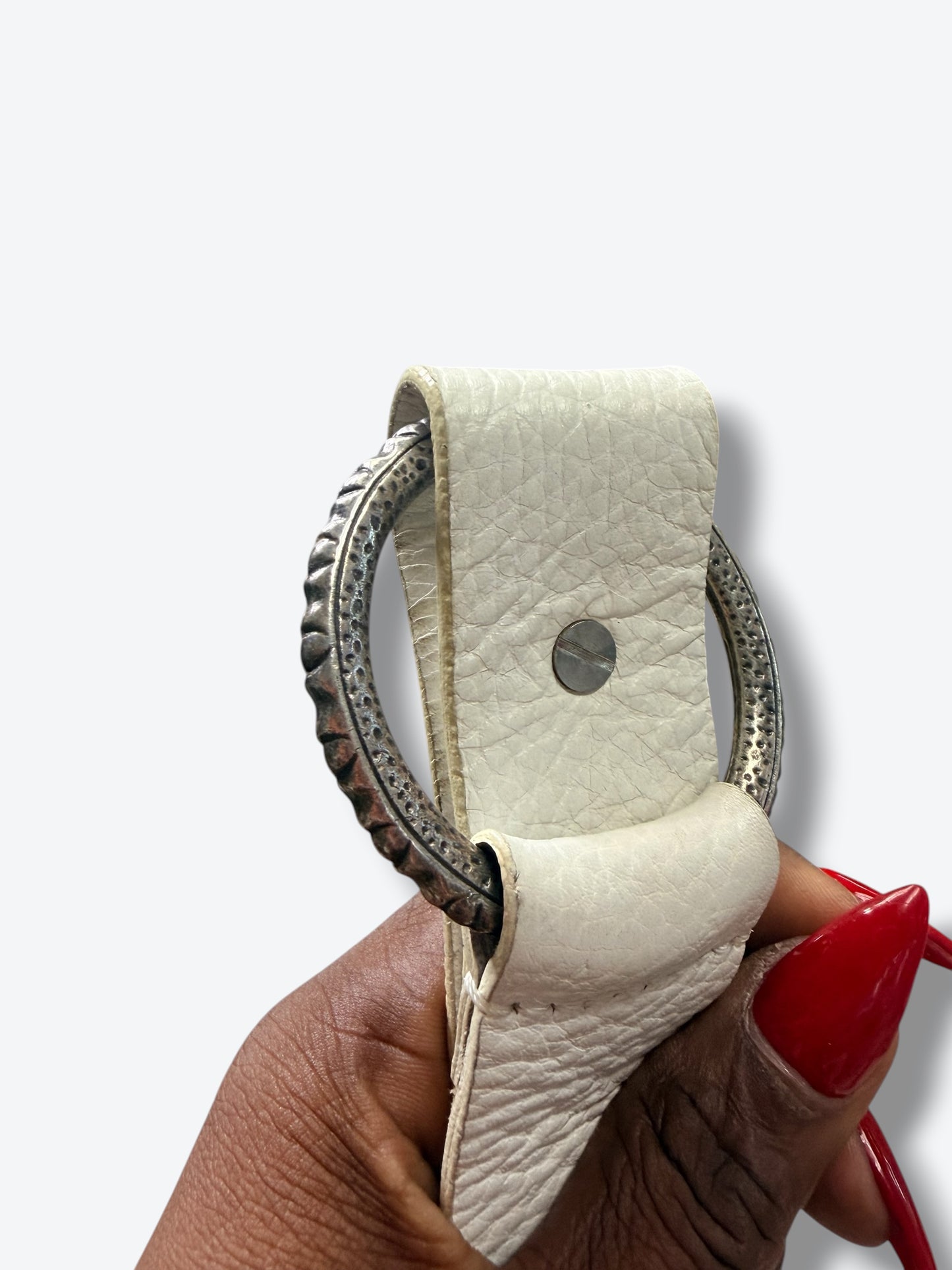 Vintage White Leather Belt with Silver Concho & Ring Hardware