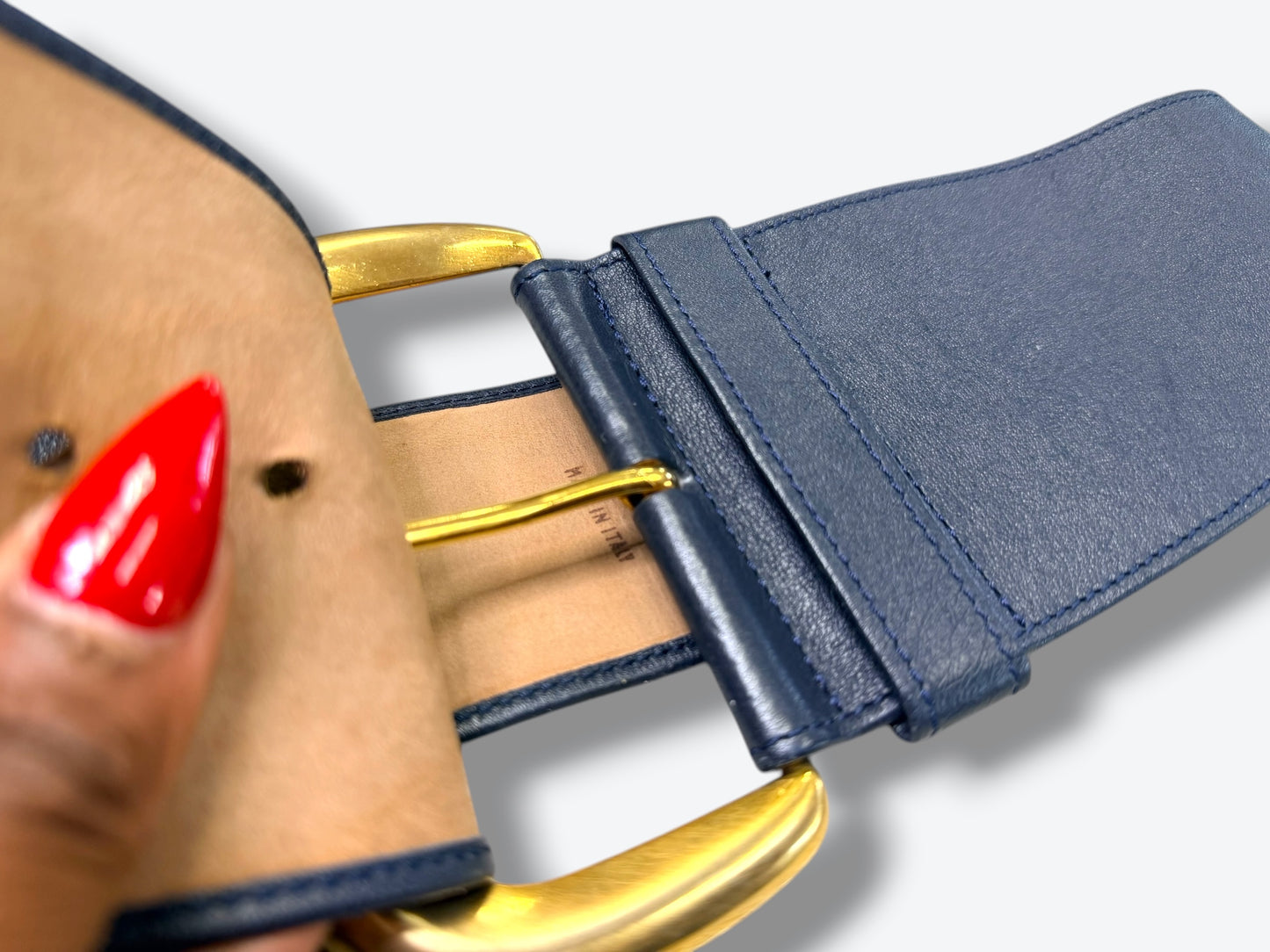 Vintage Donna Karan Navy Obi Leather Wide Waist Belt with Gold Buckle