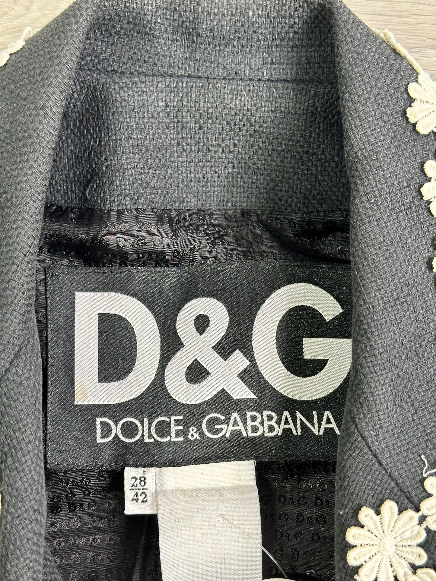 1990s Dolce & Gabbana Black White Rick Rack Floral Trim Suit