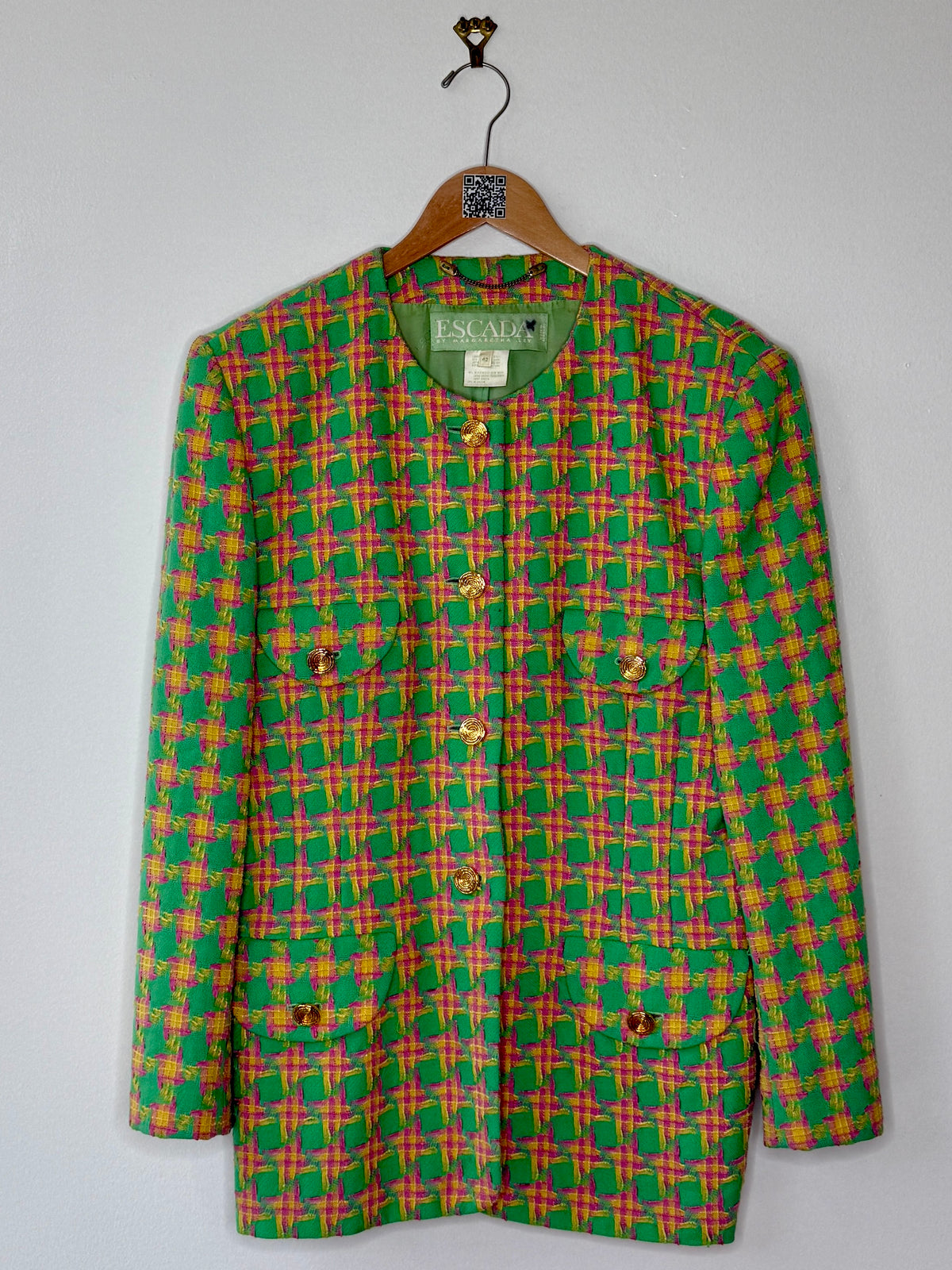 1990s / Y2K Pink and Green Escada Gold Button Blazer