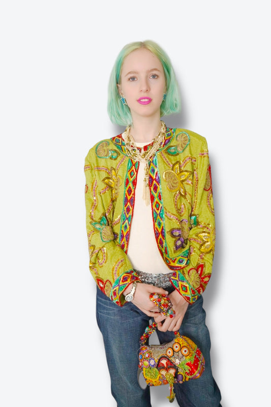 Vintage 1990S Silk and Multi Sequin Jacket green jkt sequins
