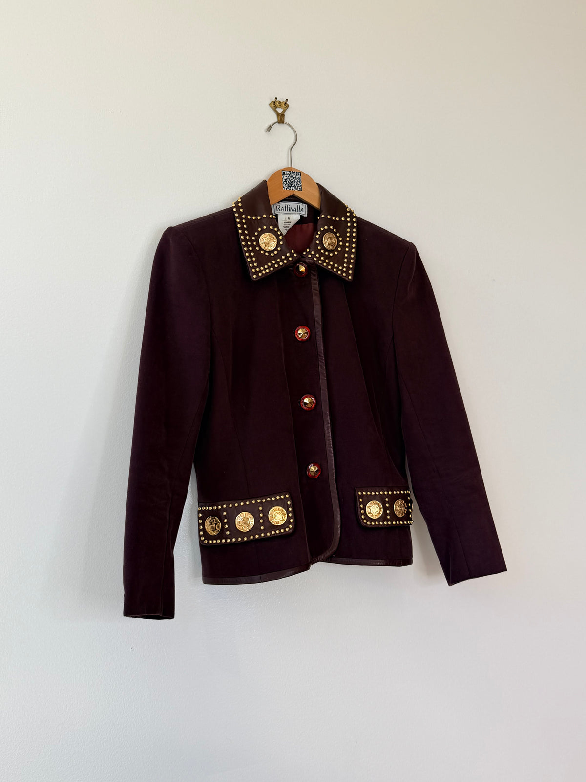 1990s Raffinalla Leather and Gold Hardware Brown Blazer