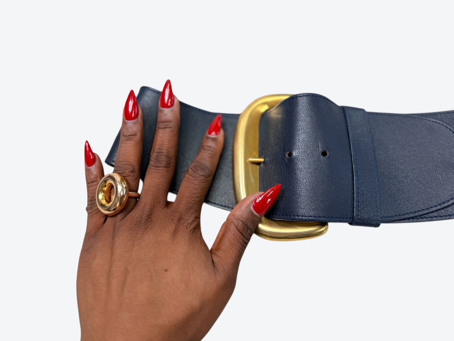 Vintage Donna Karan Navy Obi Leather Wide Waist Belt with Gold Buckle